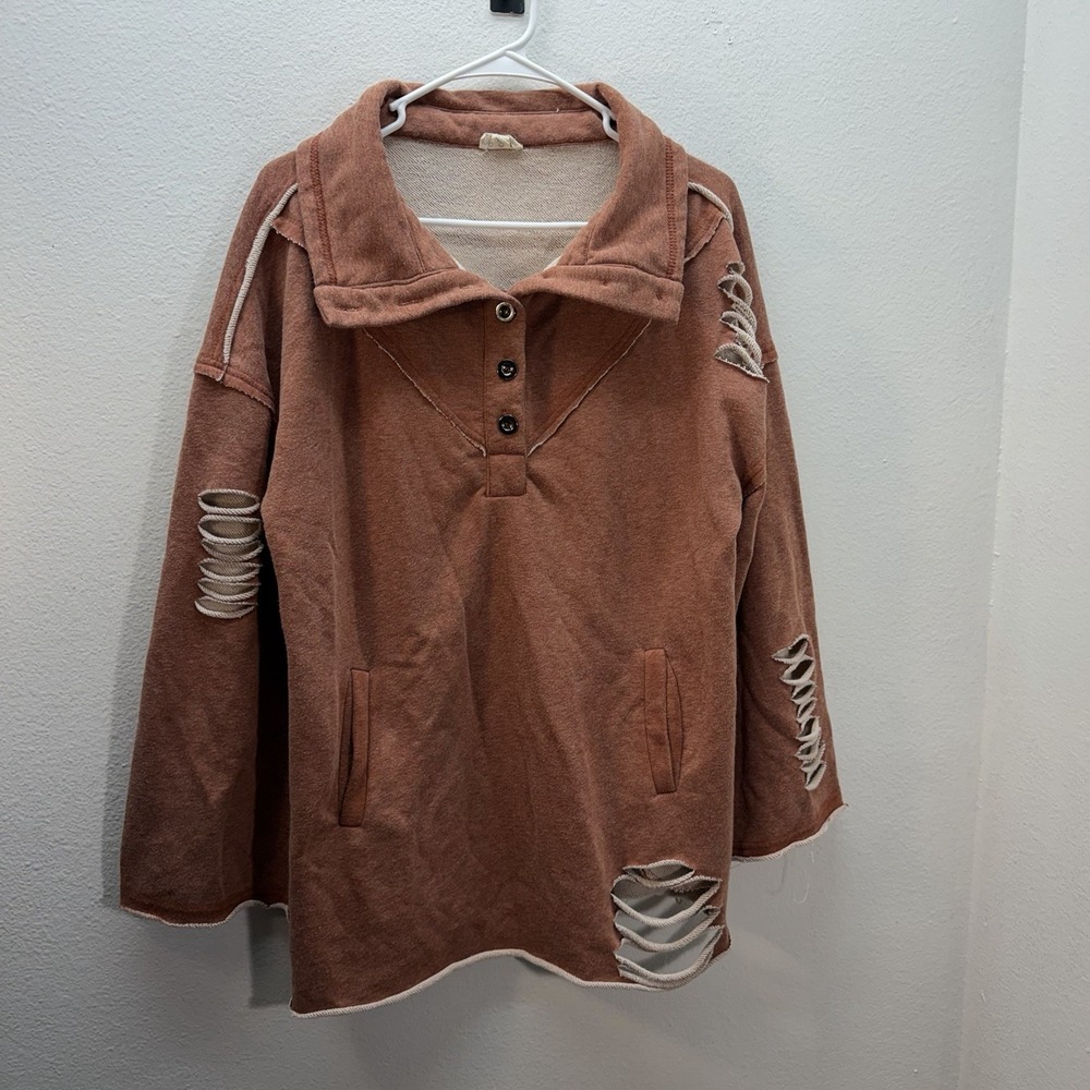POL Size S Orange Oversized Boho Beach Distressed Henley Sweater Sweatshirt